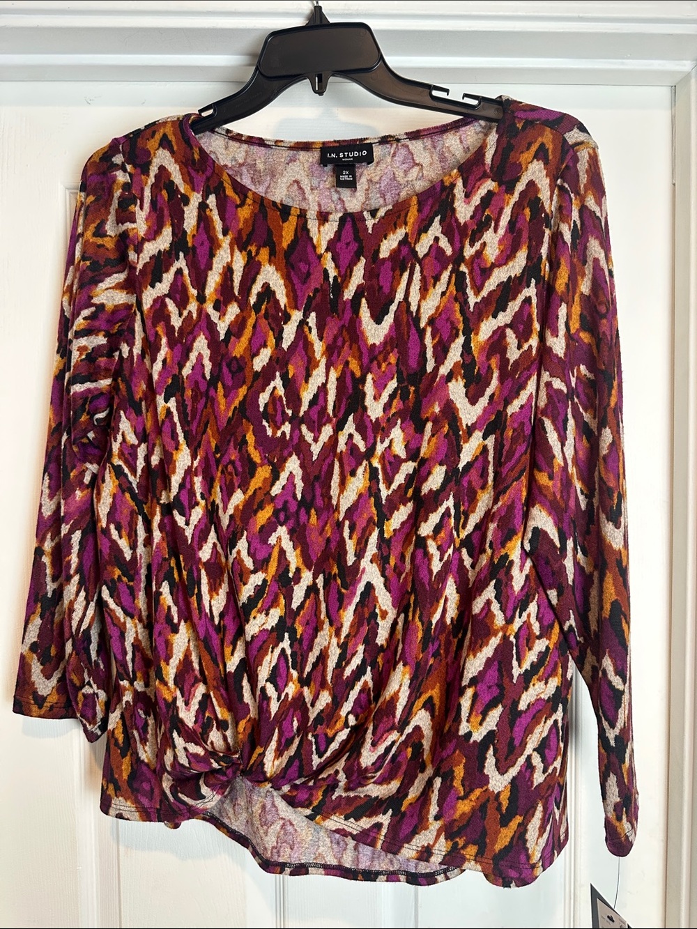 I.N. Studio Purple Multi Print Long-Sleeve Top Plus Size 2X NWT